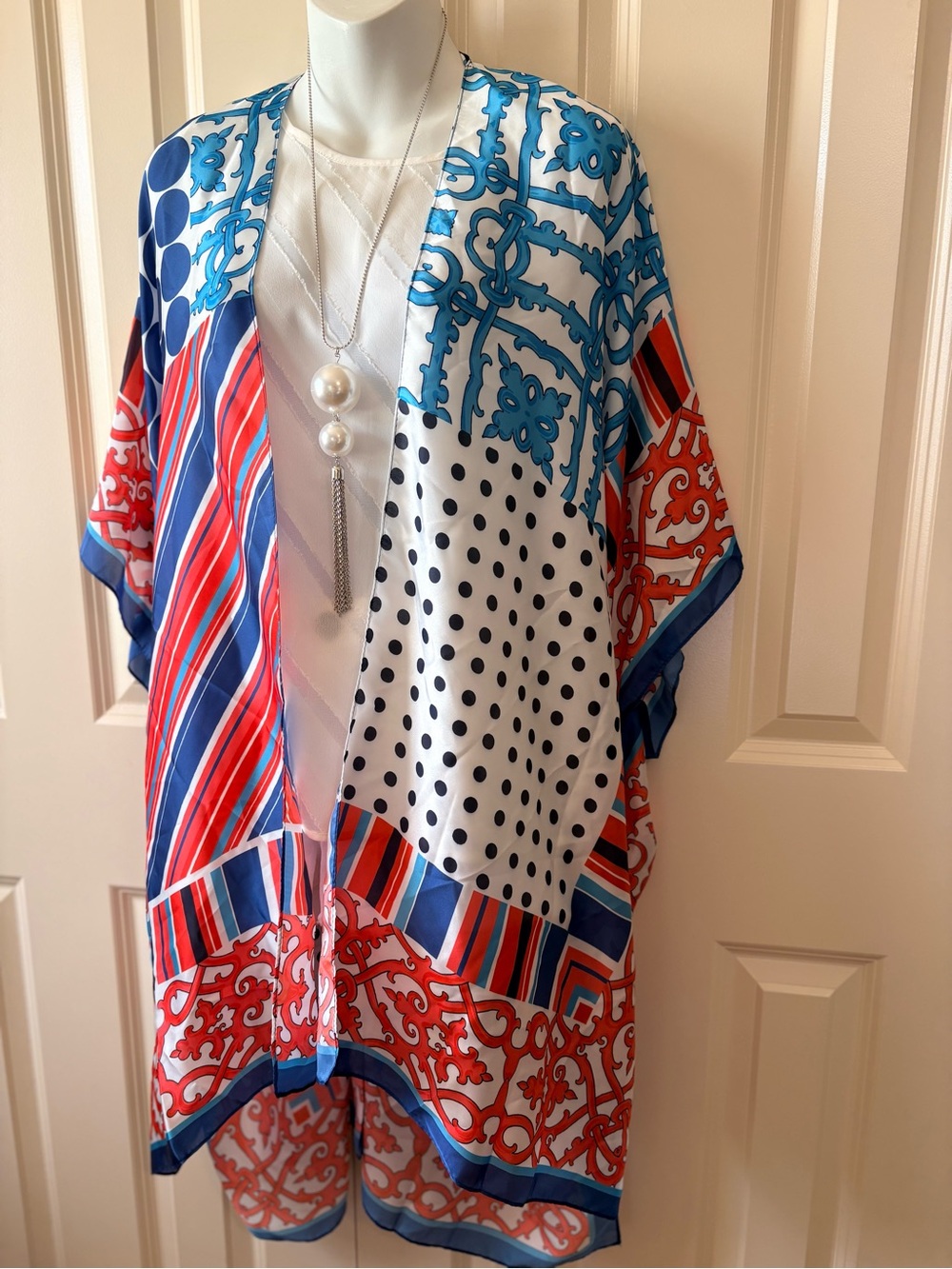 NWOT, Colorblock Polka Dot & Stripe Kimono - Blue, Red, White, one size fits all